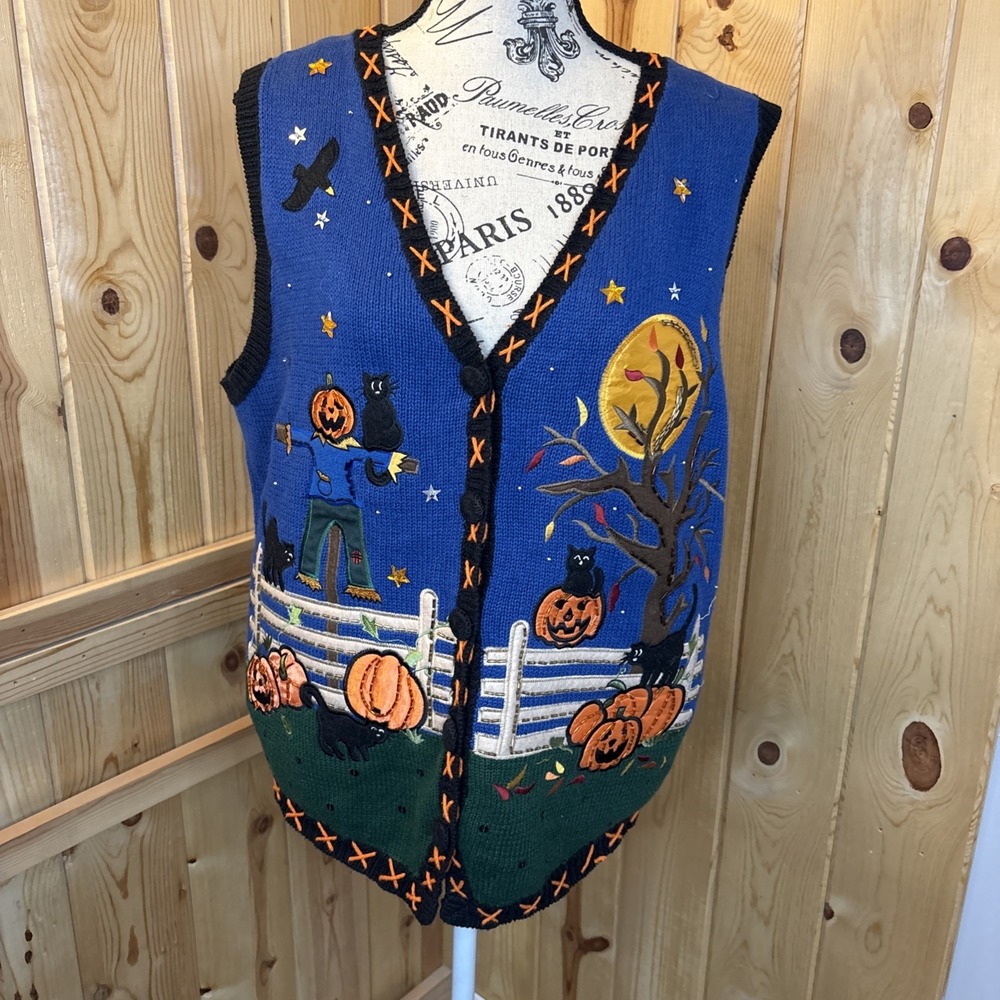 Vintage XL Halloween Sweater Big  Pumpkins Cats Scarecrow Orange Blue Green